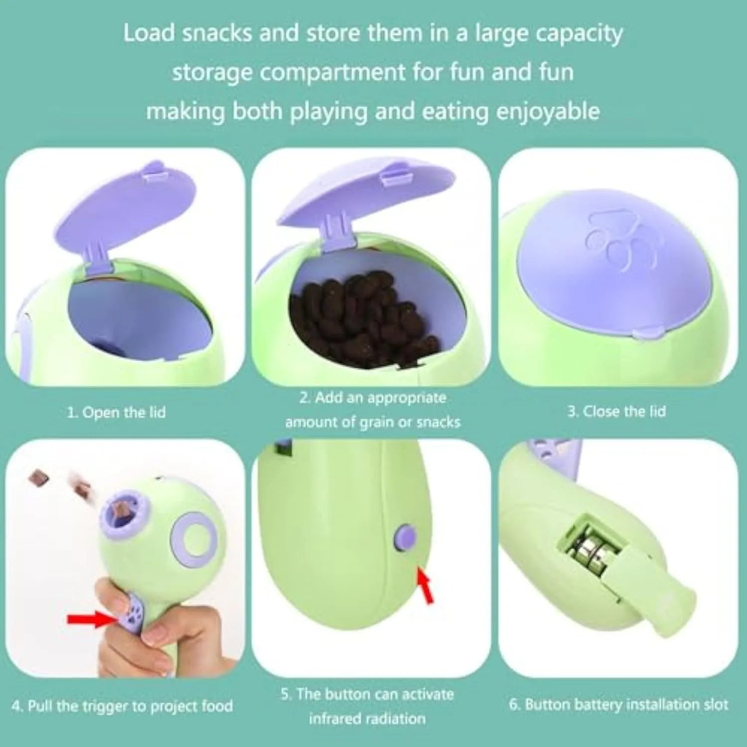 Green, orange, and pink coloured dog treat launcher toy with food dispenser