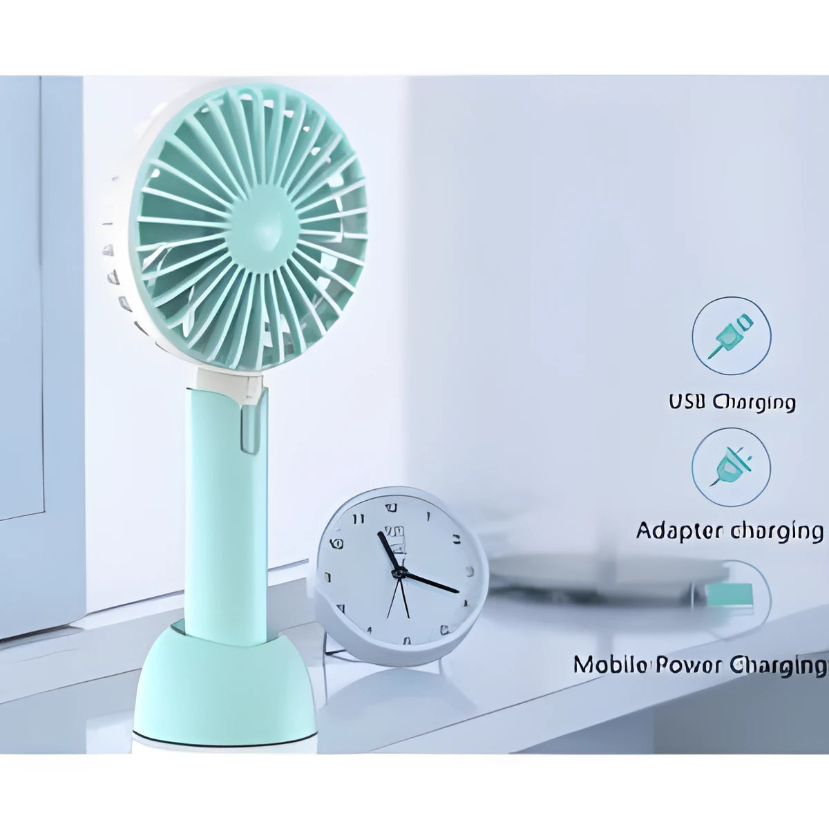 Blue USB mini desktop fan with 3 speed settings and figure 8 head motion pattern
