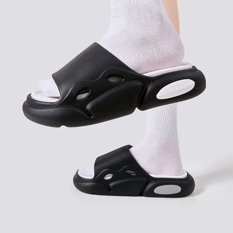 EVA thick-soled two-colour slippers for couples with leather lining shown in pink purple, white green, and black white colour options.