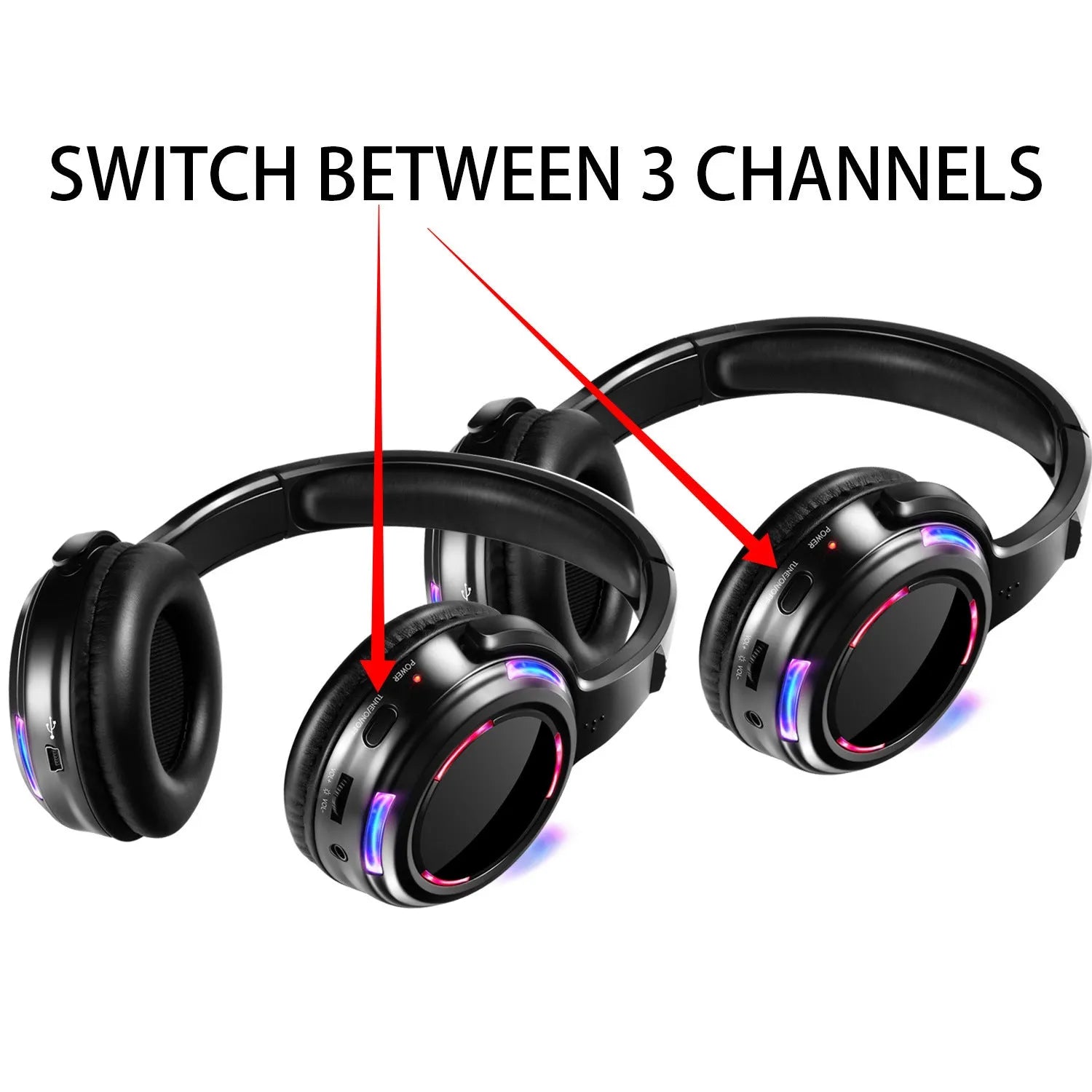 Black silent disco wireless headphones with 40mm speakers and 3.5mm plug for party events