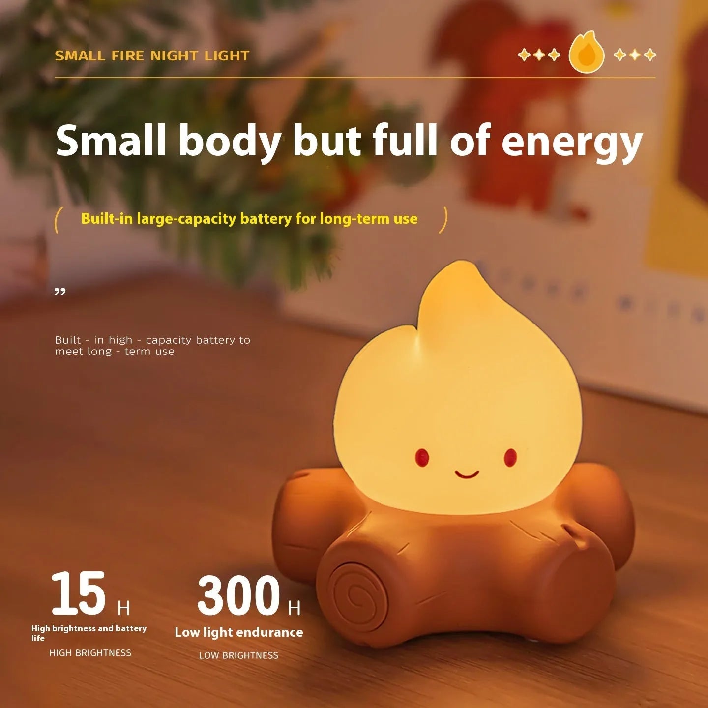 Silicone small fire pile cartoon night lamp with ABS shade on a surface