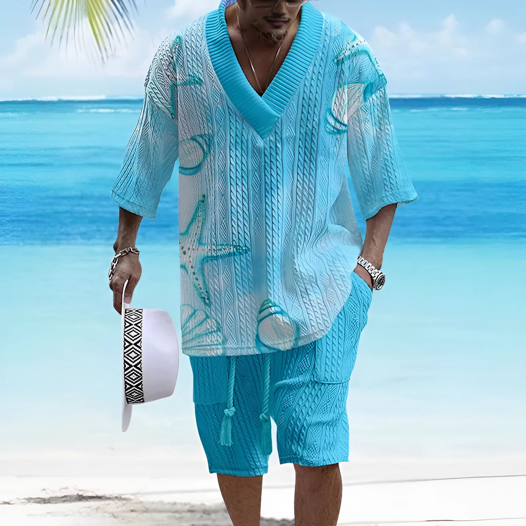 Men's loose casual two-piece suit set with short sleeve top and matching shorts