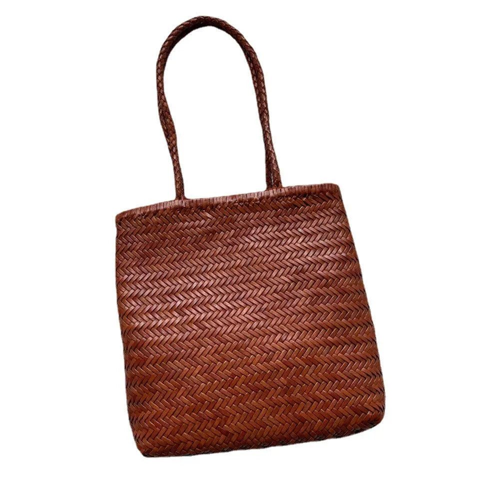 Brown handmade cowhide leather woven tote bag with three-dimensional pockets