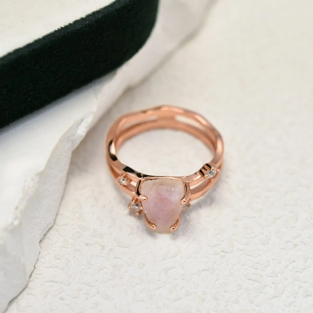 S925 sterling silver geometric ring with irregular triangle shape and moonstone detail in gold tone finish