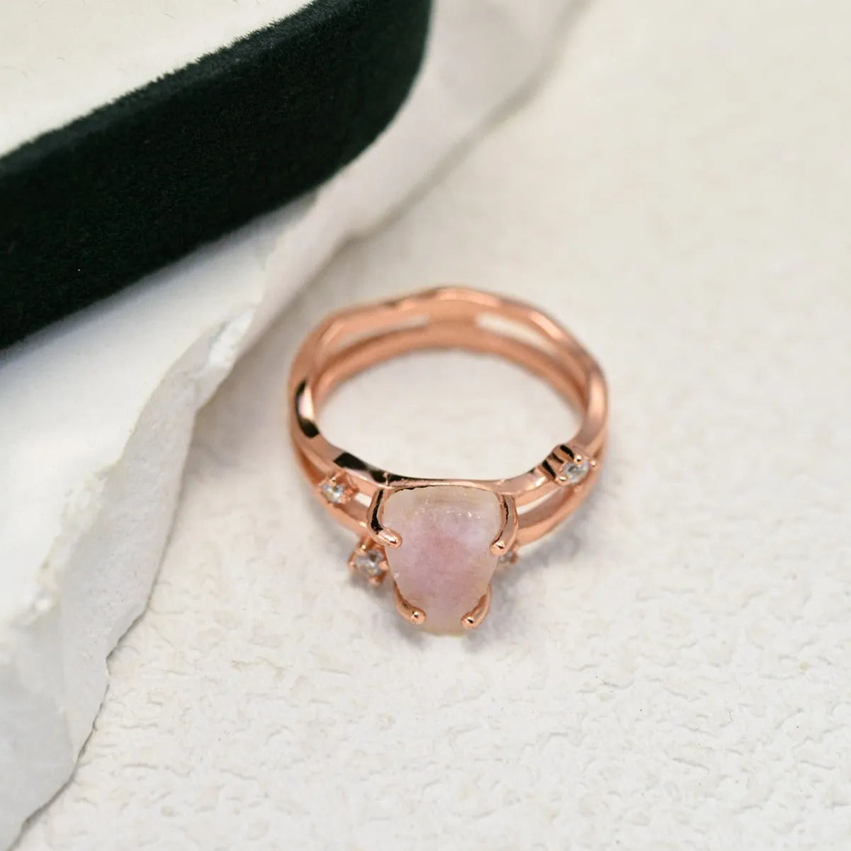 S925 sterling silver geometric ring with irregular triangle shape and moonstone detail in gold tone finish
