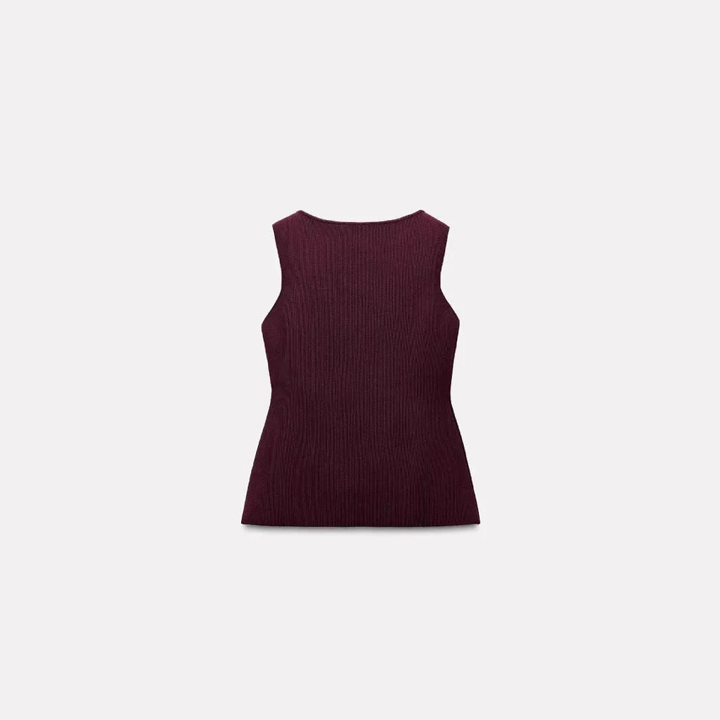 Dark red women's sleeveless vest cardigan with 3D pattern, slim fit viscose fibre construction