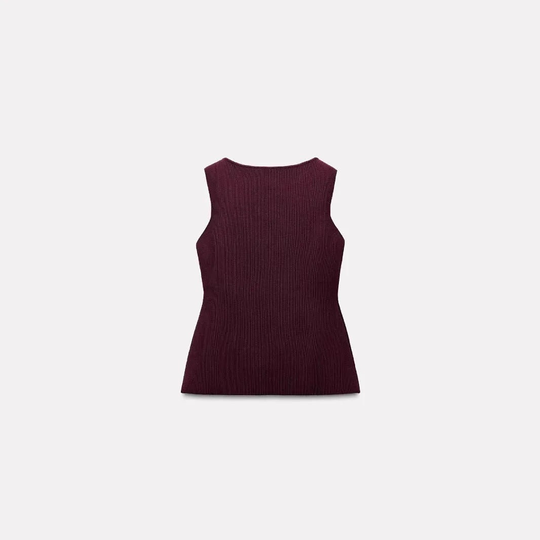 Dark red women's sleeveless vest cardigan with 3D pattern, slim fit viscose fibre construction