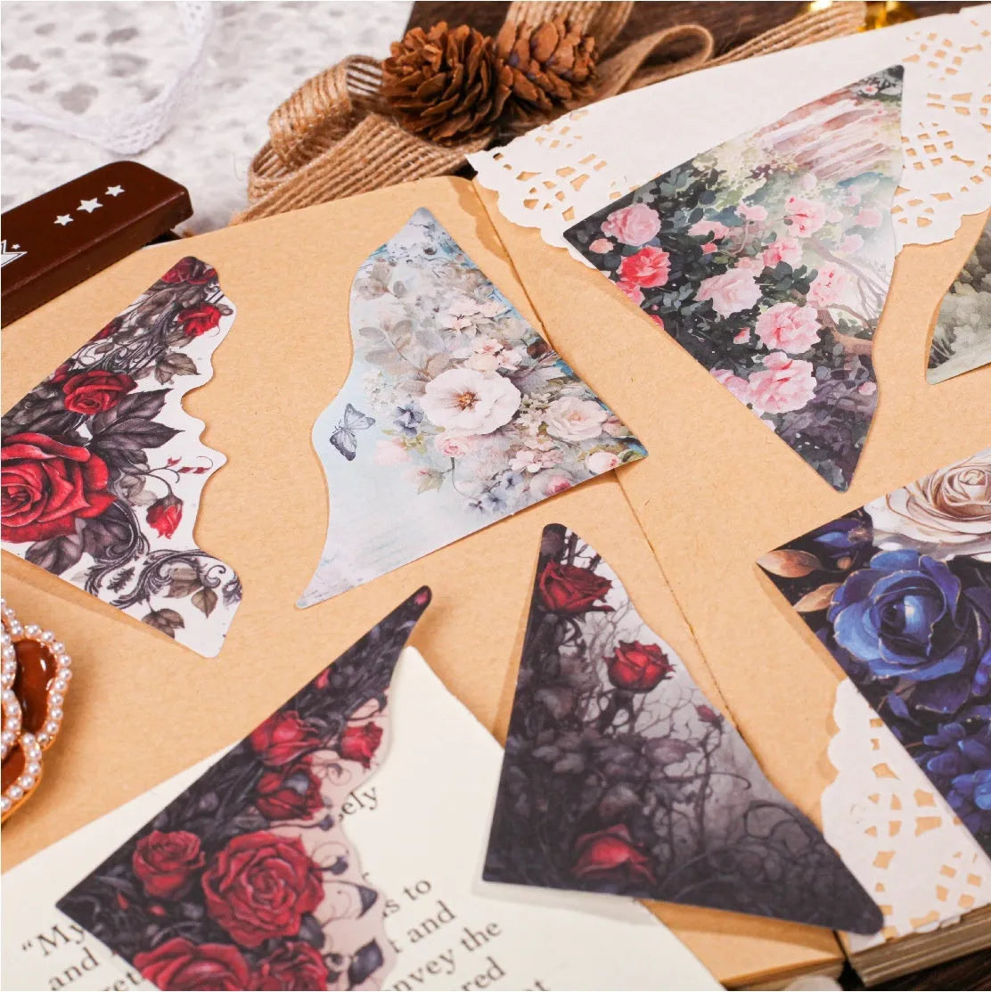 Set of 20 nature pattern bookmarks in Spring Vine, Pink Plum, Red Rose, Blue, Green Wild, and Purple Dew colours