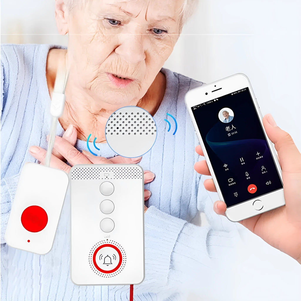 White emergency alert system with one buzzer unit and three wireless call buttons for elderly safety