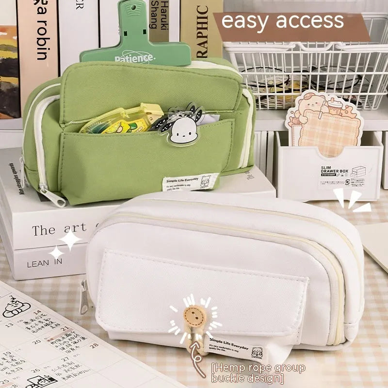 Korean-style canvas pencil case in green with capacity for approximately 80 pens
