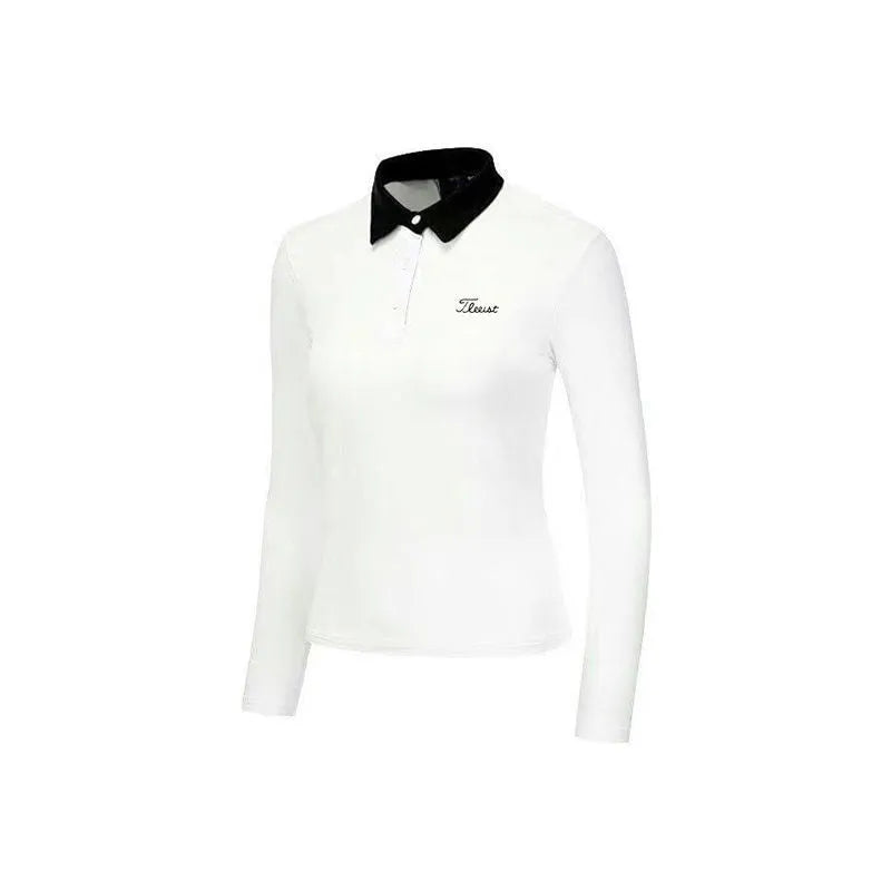 Women's white long sleeve golf top with slim fit polyester construction for outdoor sports