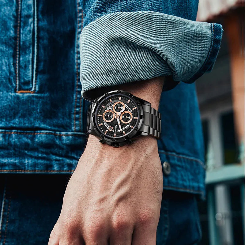Men's waterproof luminous quartz watch with stainless steel band in black, gold, or silver colour options