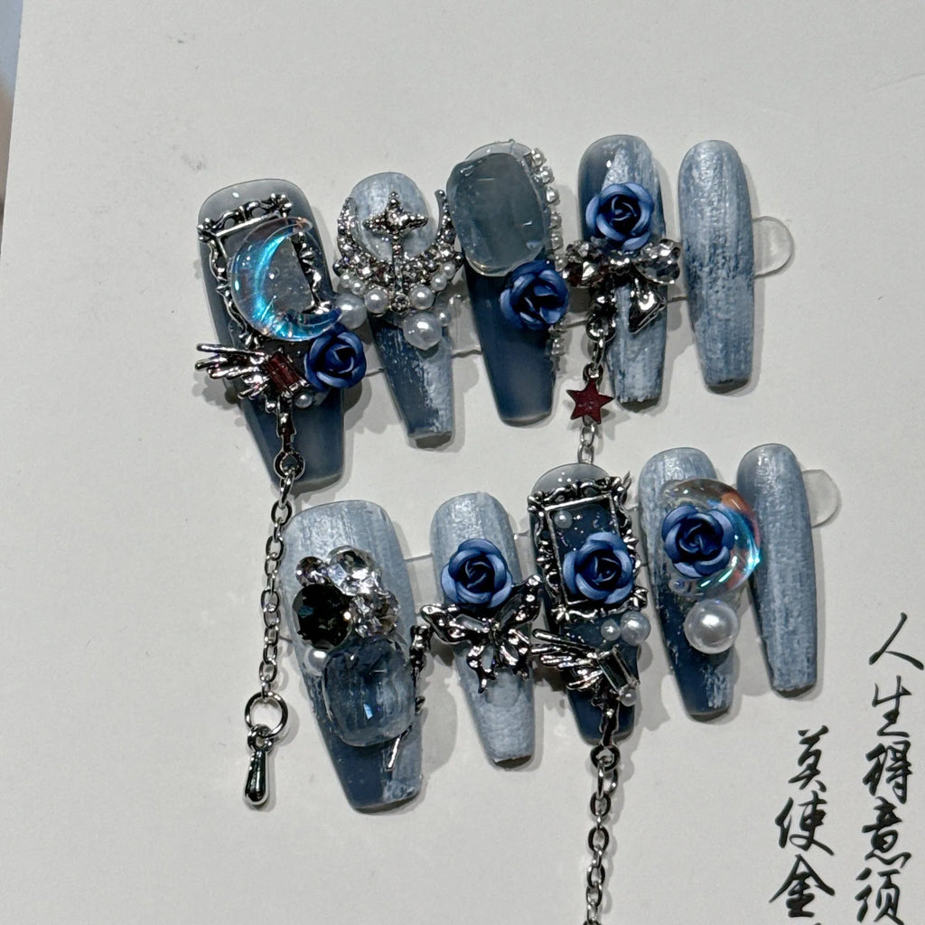 Blue night V04 evening manicure set with ornate rose floral pattern and plastic armour suit