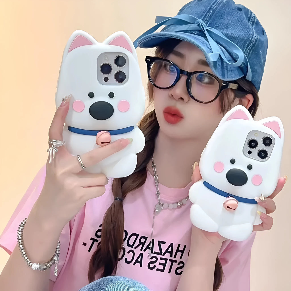 Pink bell small white dog silicone phone case for iPhone 12 to 15 Pro Max, all-inclusive fall protection.