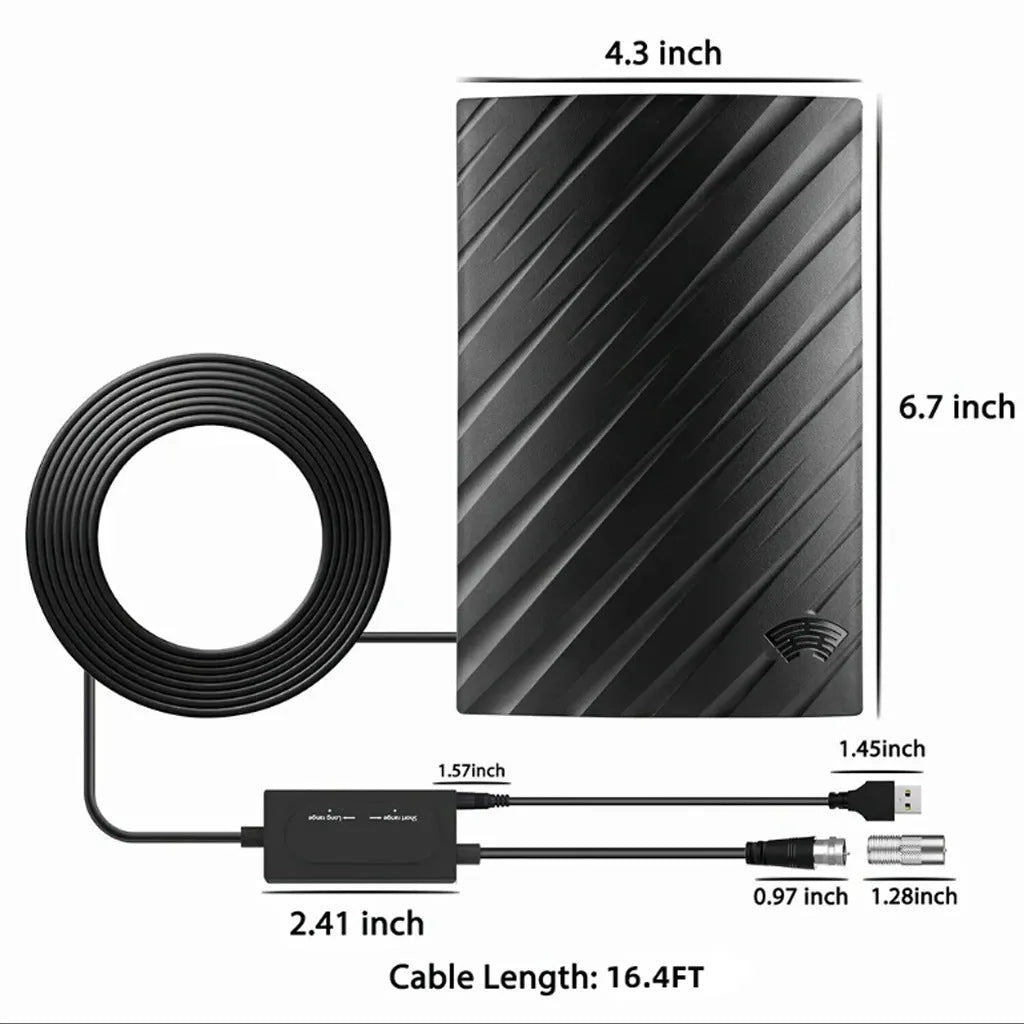 Black plastic indoor digital television antenna with mounting screws and adhesive tape