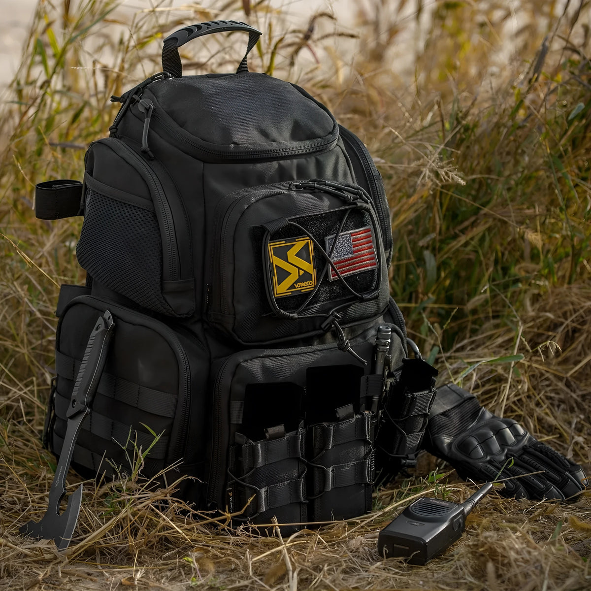 Large capacity polyester tactical backpack, 38x23x46cm, 36-55L, black and gray brown, curved shoulder strap