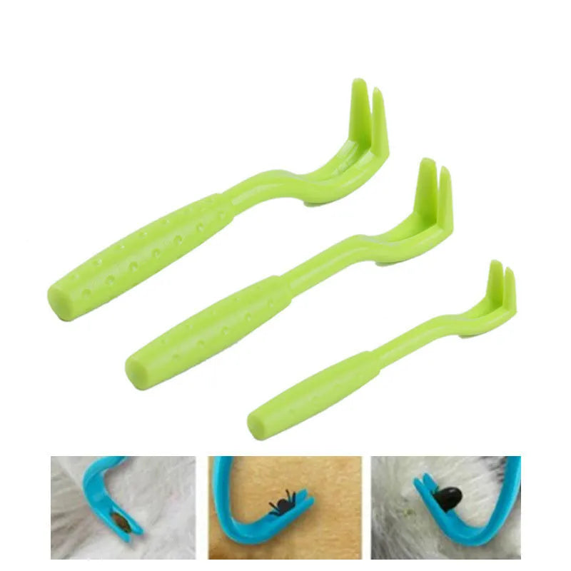 Set of three blue or green plastic tick removal hook tools for pets on a white background.