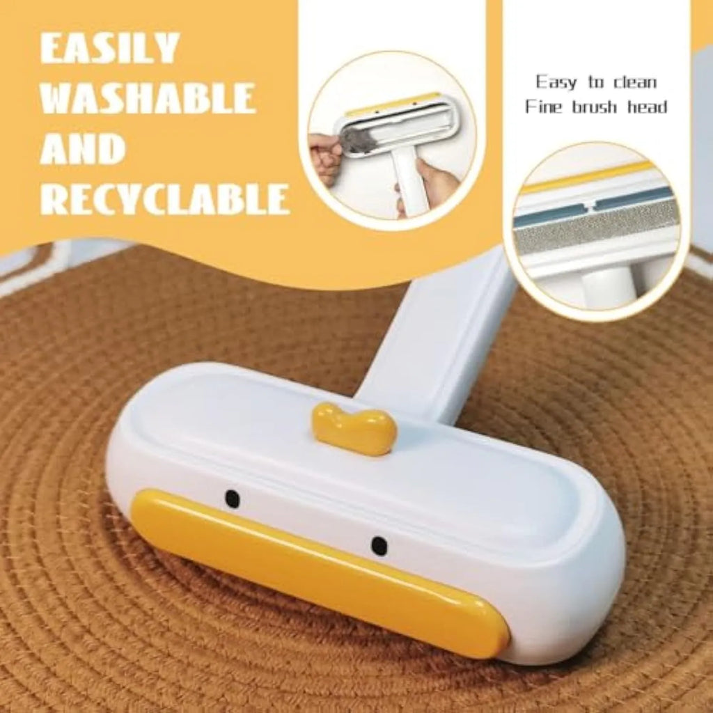 Portable yellow duck pet hair remover with reusable roller brush for furniture and car seats