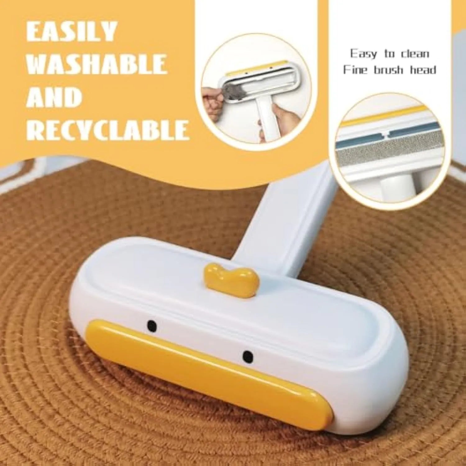 Portable yellow duck pet hair remover with reusable roller brush for furniture and car seats