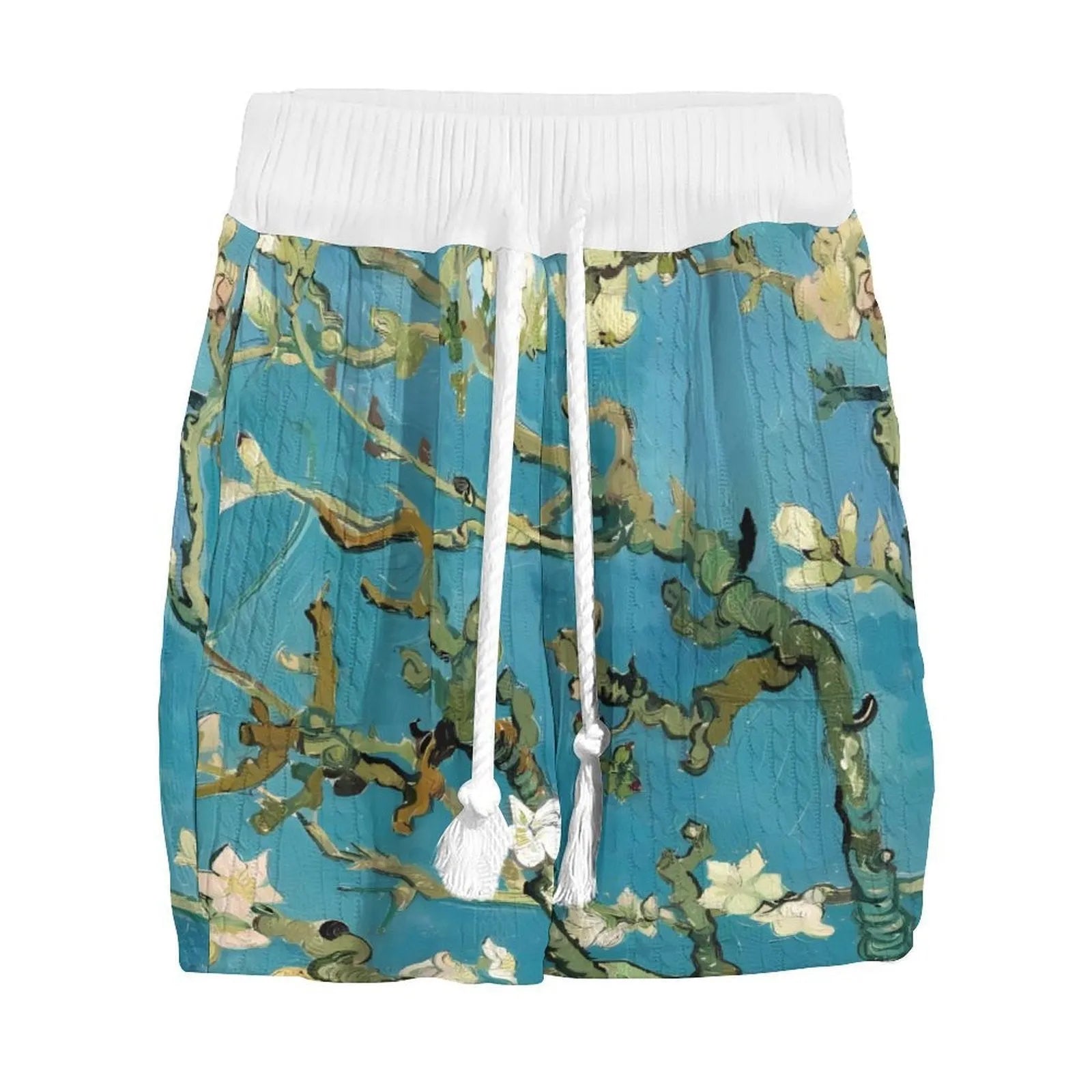 Men's peacock blue knitted shorts and matching T-shirt set laid flat showing complete leisure outfit