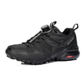 Men's beige, black, and black red lightweight hiking shoes with elastic band closure and rubber sole