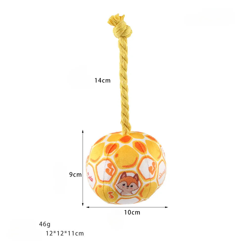 Blue and yellow dog football tug toy with cotton rope ball and cartoon face design