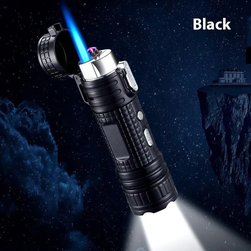 TH727 multifunction metal flashlight lighter in camouflage colour showing torch, lighter, and bottle opener.