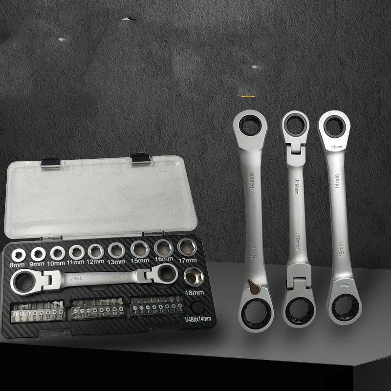 Dual-purpose ratchet wrench set with sockets and screwdriver bits on a grey background