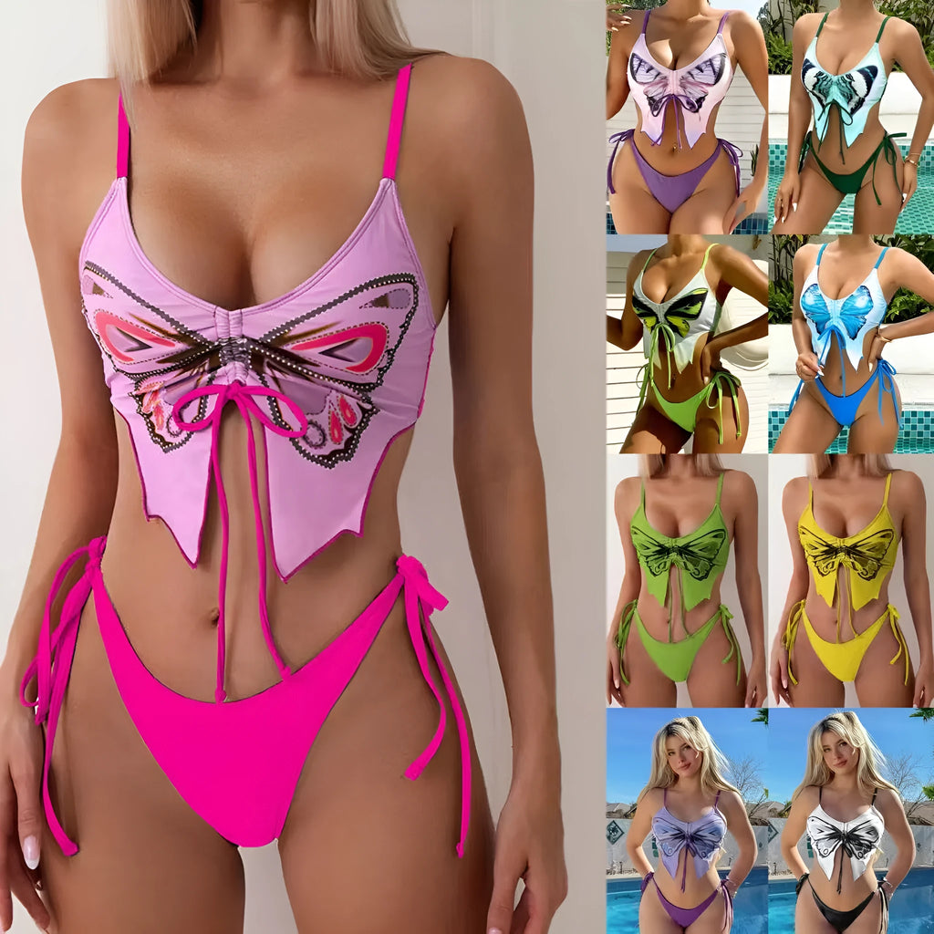 Purple women's bikini suit with a bow on the top and split-style briefs.