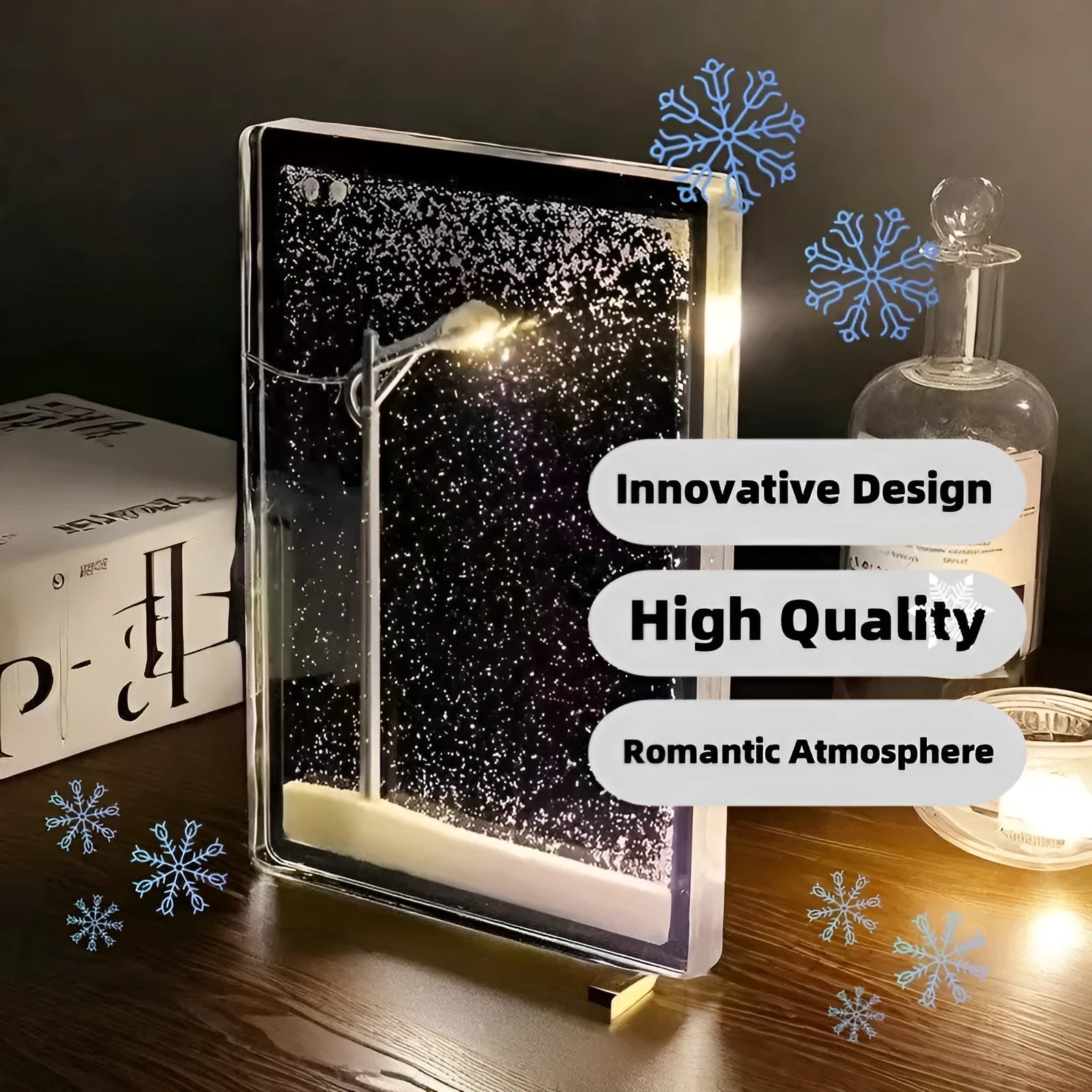 DIY snowy landscape night light kit with flowing snow scene and small street light for Christmas desktop decor