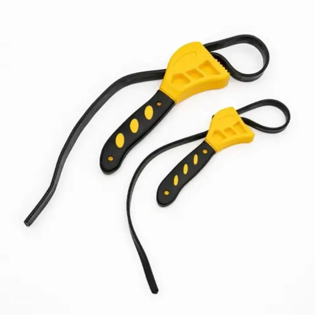 Adjustable rubber strap wrench set showing 6-inch and 8-inch filter wrenches with plastic rubber construction