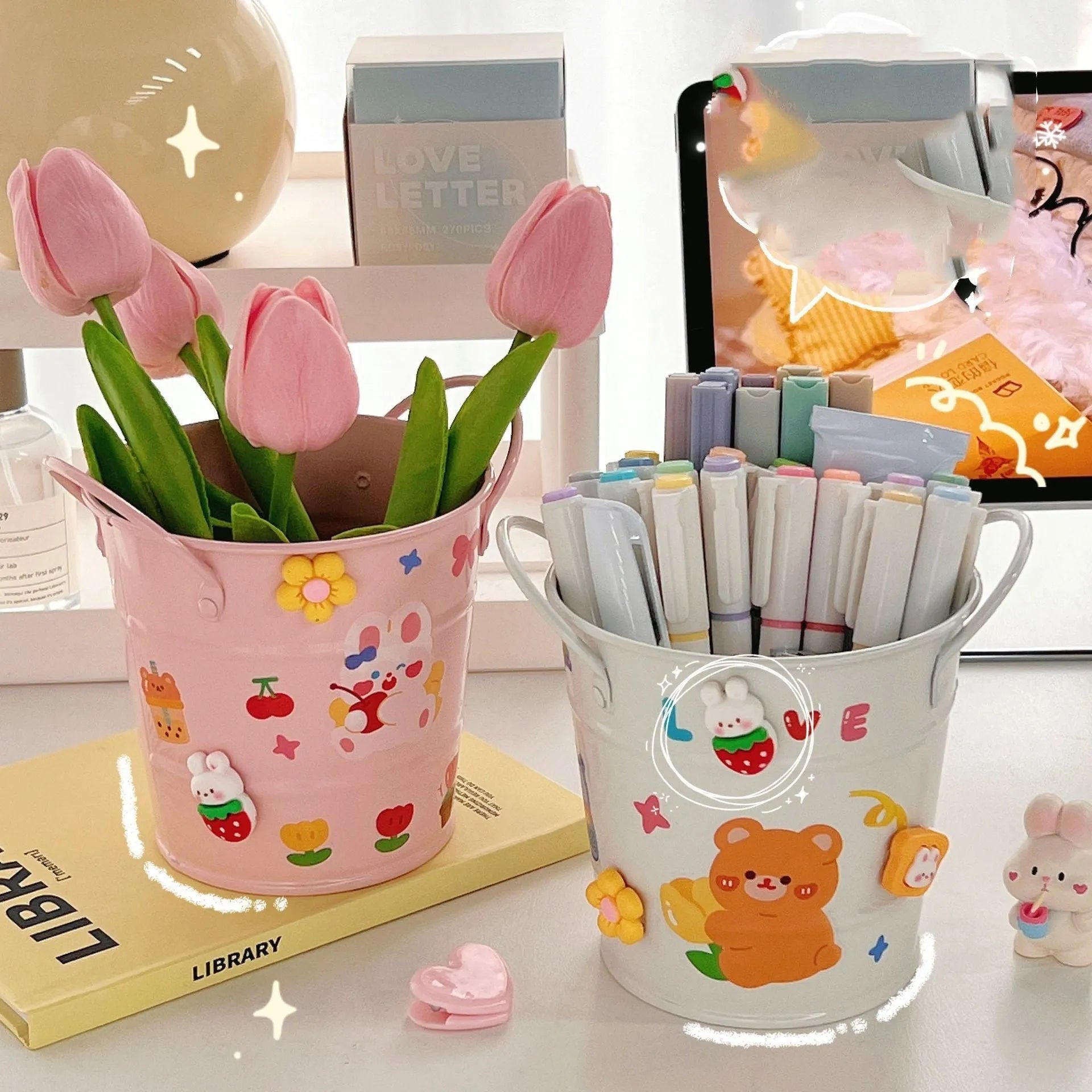 Metal round pen holder desktop storage box in multiple colour options with optional sticker patch decoration