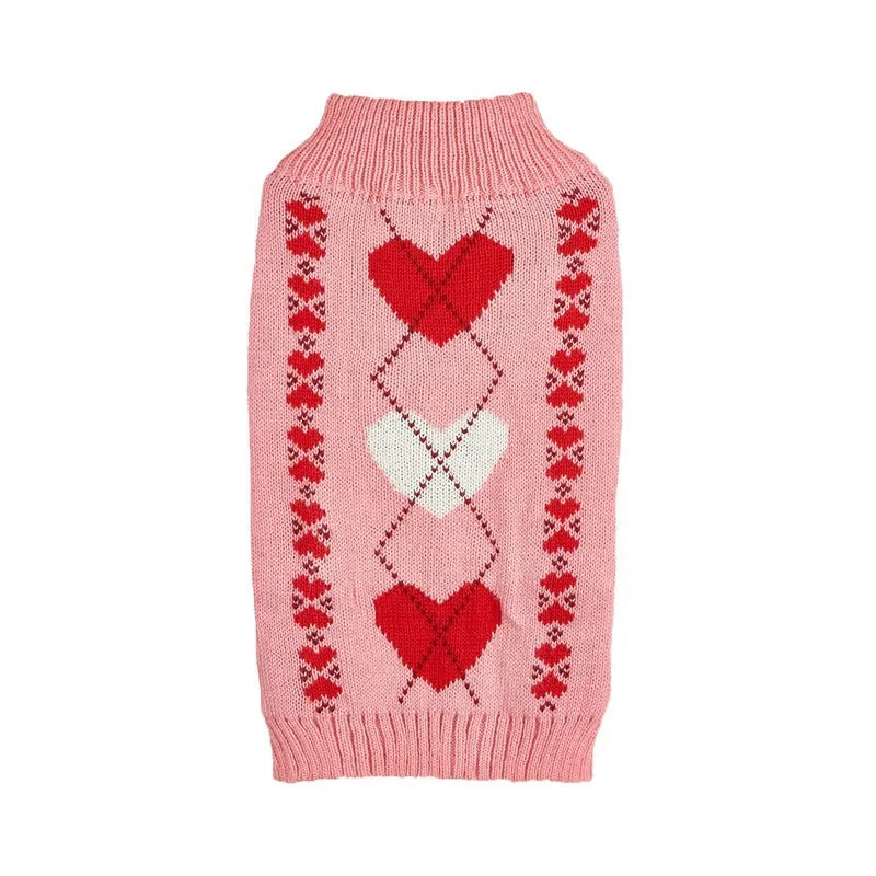Red and pink dog sweater with love heart and bow designs in acrylic knit for small to medium dogs