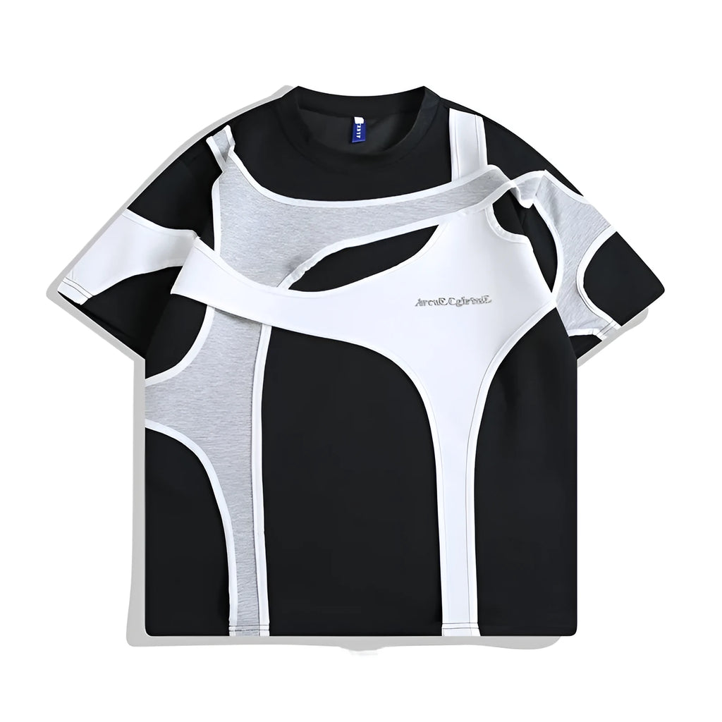 Men's black padded shoulder short sleeve T-shirt with double stitching and loose fit