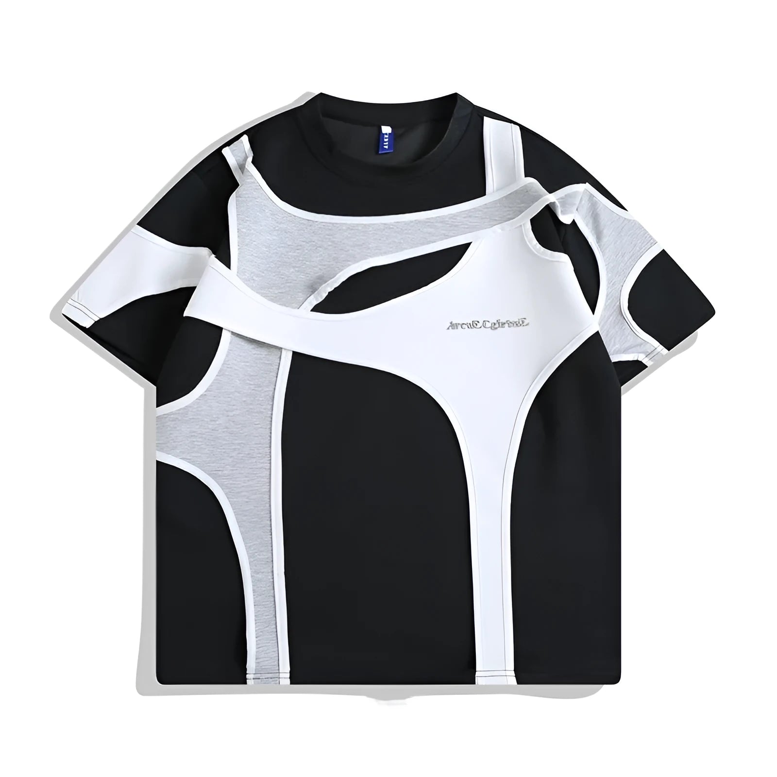 Men's black padded shoulder short sleeve T-shirt with double stitching and loose fit