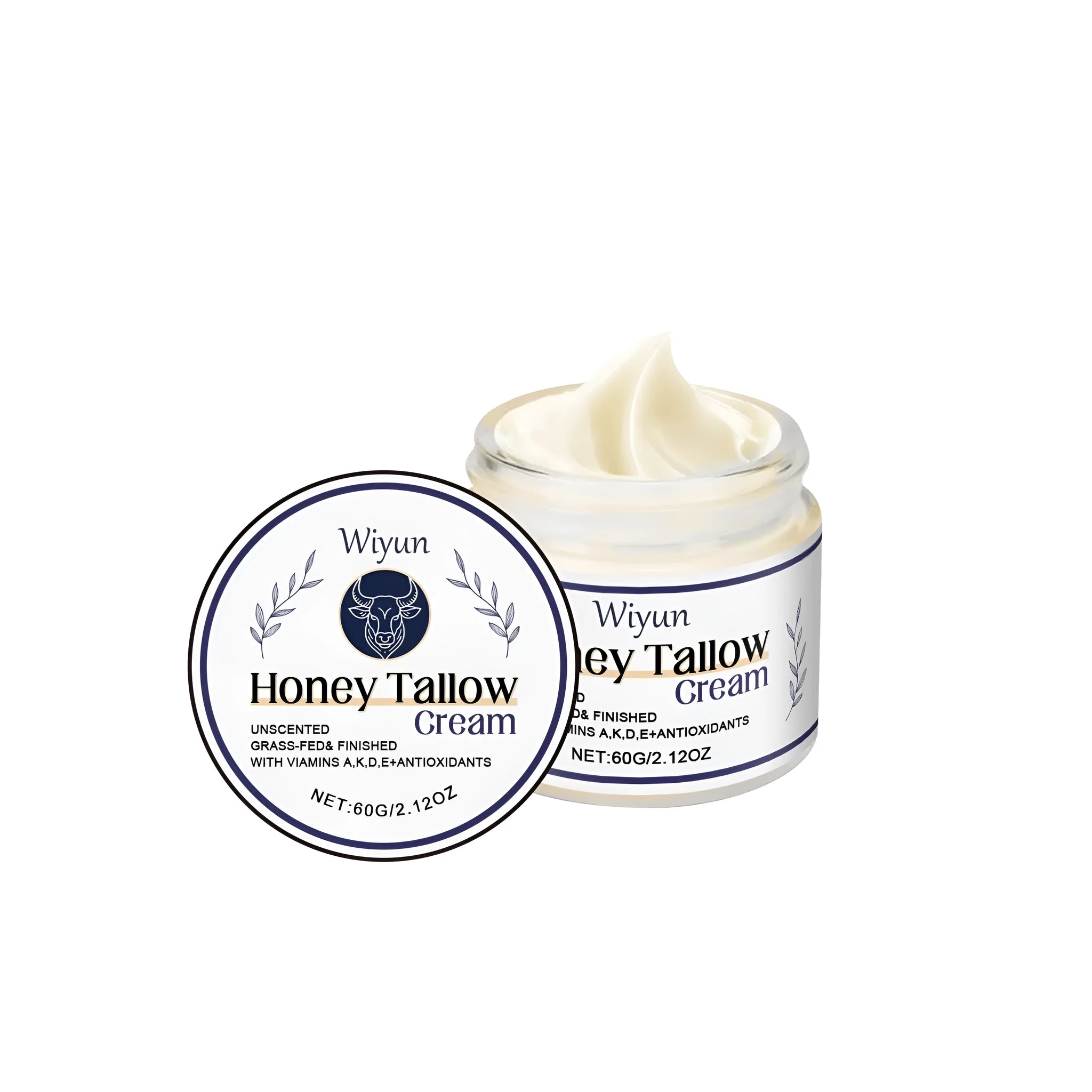 60g jar of cow fat moisturising cream with honey and vitamins A, K, D, and E.
