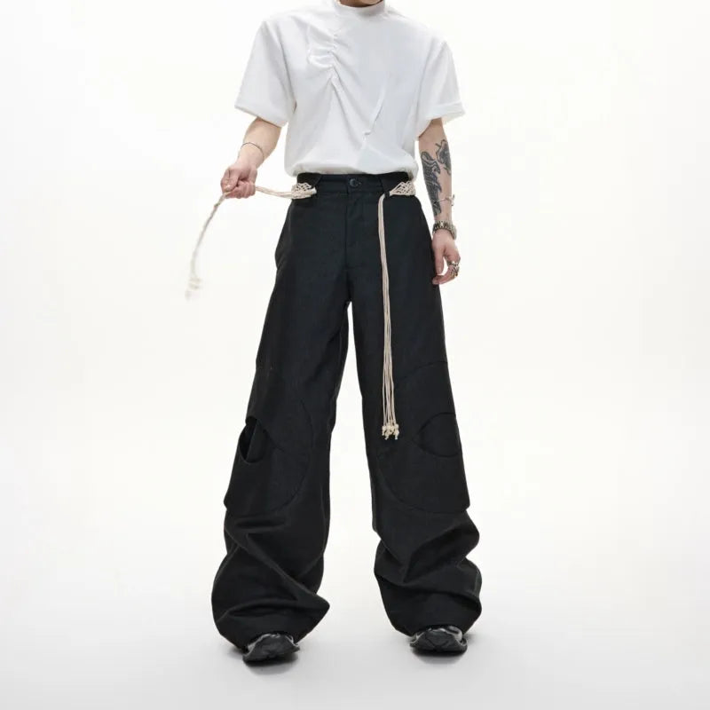 Men's straight-leg cotton jeans with decorative zipper details and tassel trim in dark colour options