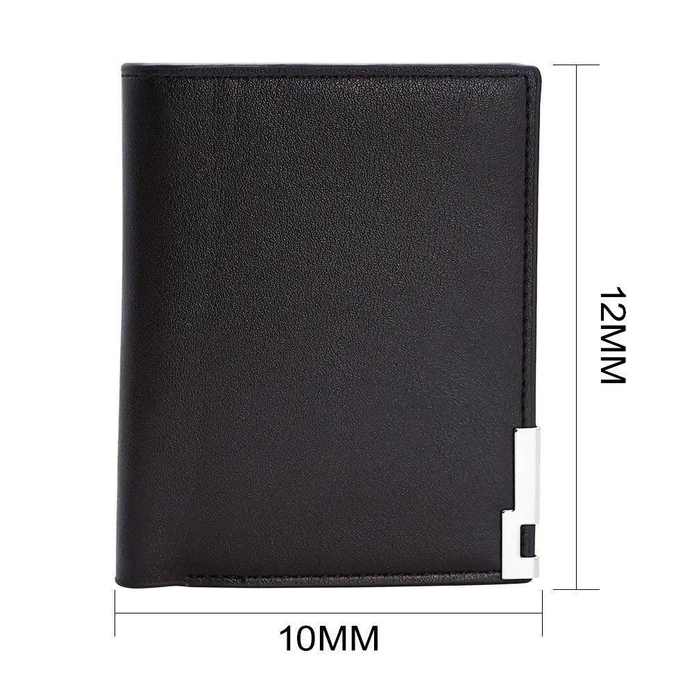 Men's brown leather wallet with a silver zipper closure, shown with individual packaging.