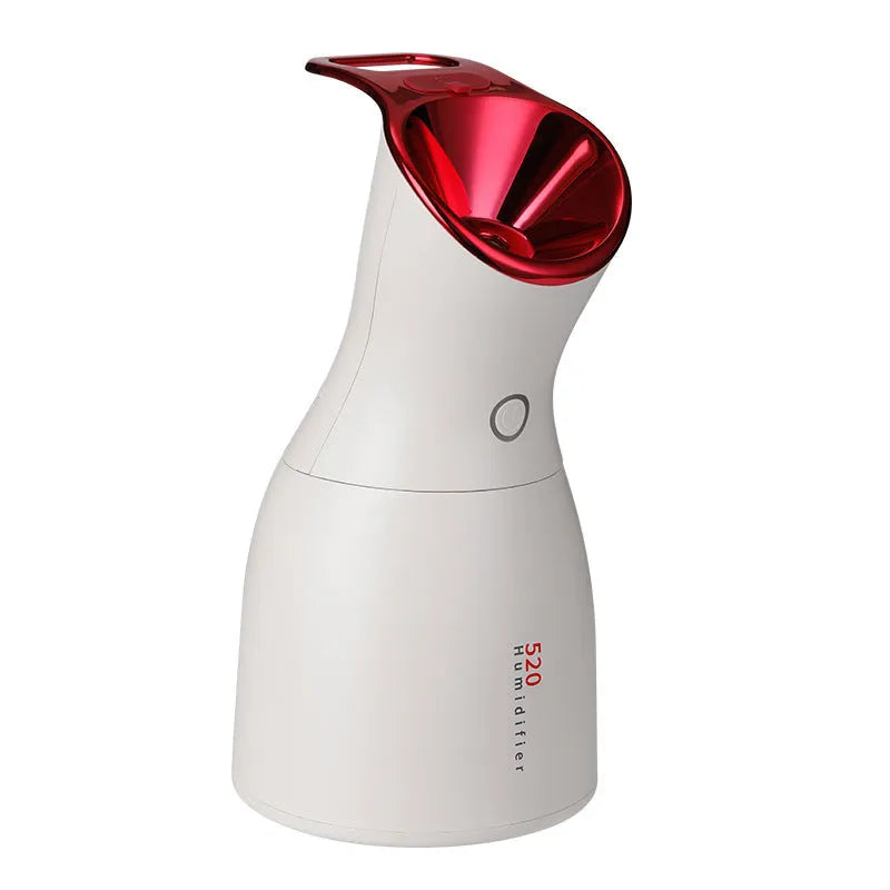 Large capacity 520 beauty humidifier in pink, red, or blue, plastic desktop unit measuring 107mm x 99mm x 196mm