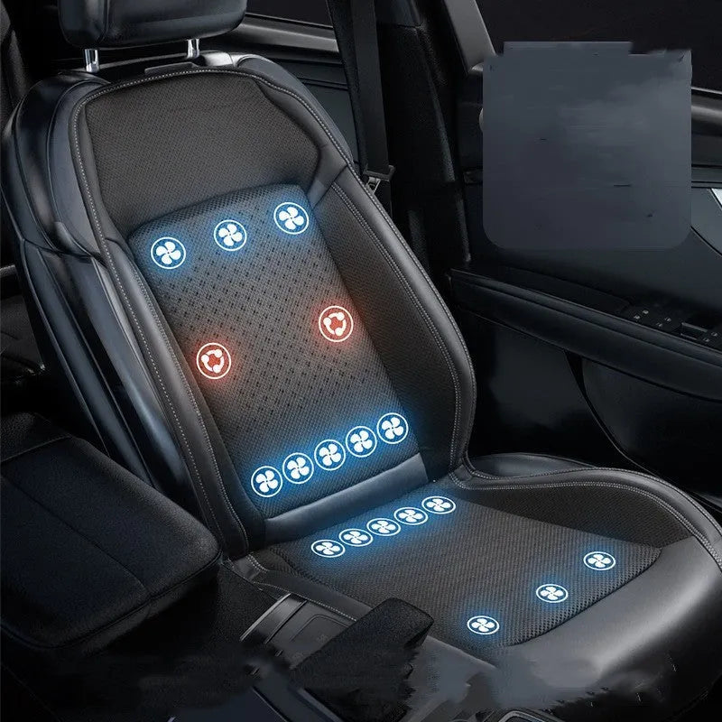 Black or blue universal car seat cooling pad with USB cable showing ventilated polyester surface for 12V 24V vehicles