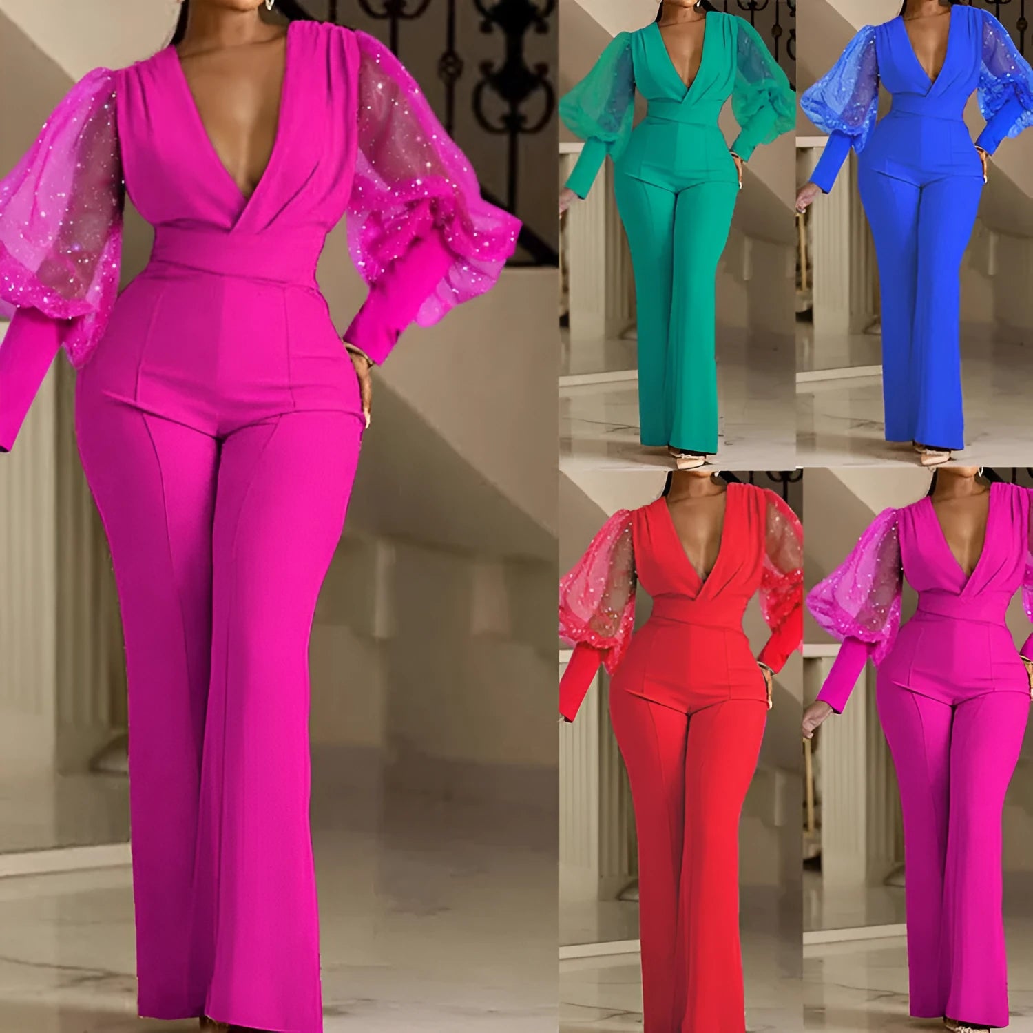 Red mesh stitching long sleeve jumpsuit with elastic waist and wide leg design laid flat