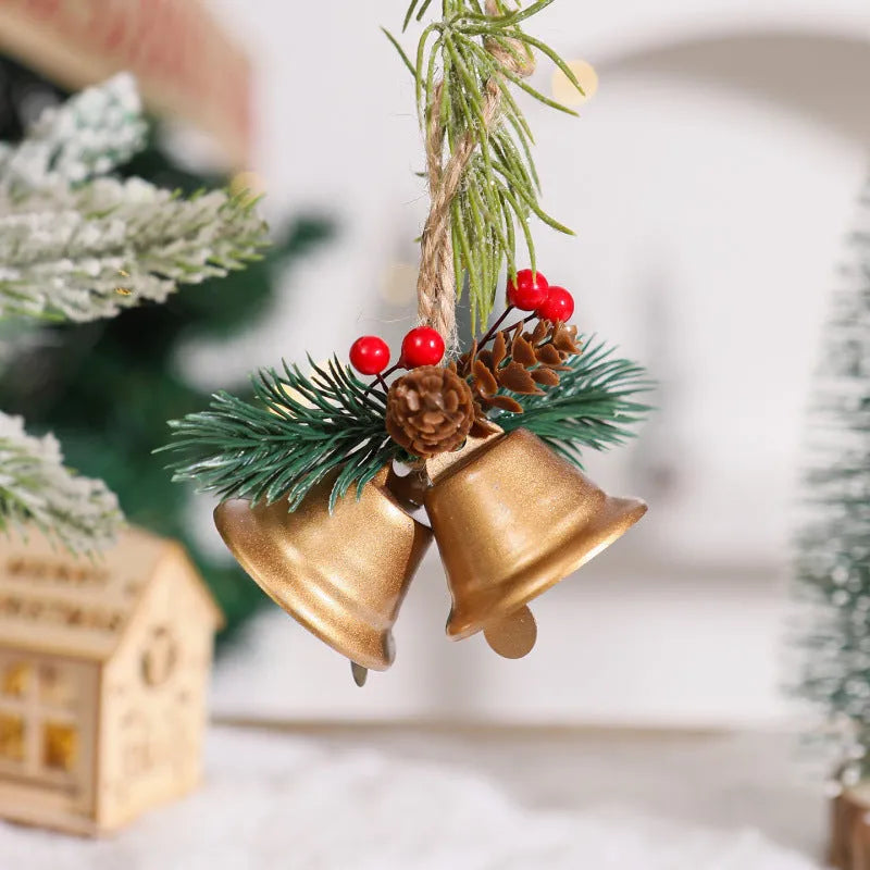 Mori style double bell Christmas pendant in gold colour made from wrought iron