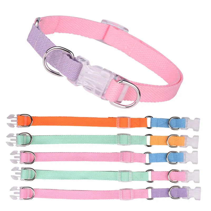 Polyester dog collar, lead and chest strap set in multiple colour combinations with adjustable sizing.