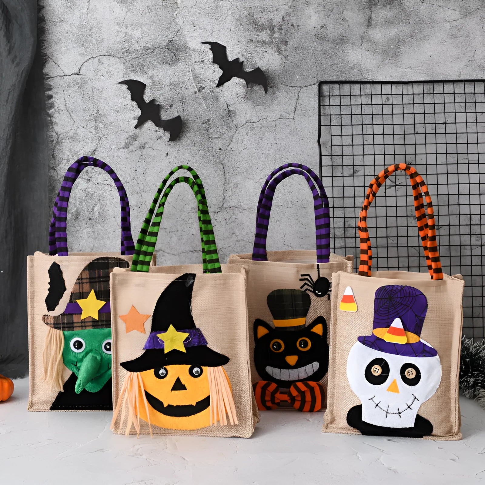 Halloween candy tote bag in linen with witch skull pumpkin and black cat designs for kids