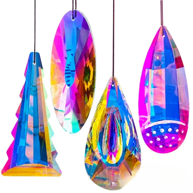 Rainbow coloured crystal Christmas tree ornament with electroplated finish catching light