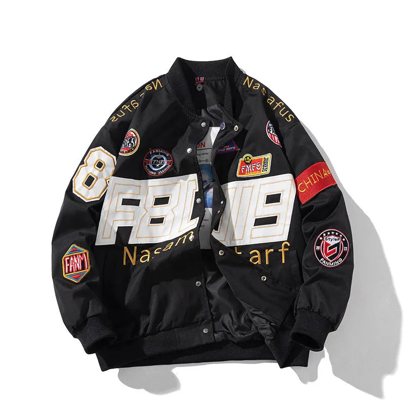 Loose-fit black motorcycle couple baseball jacket with side pockets and a removable hood.