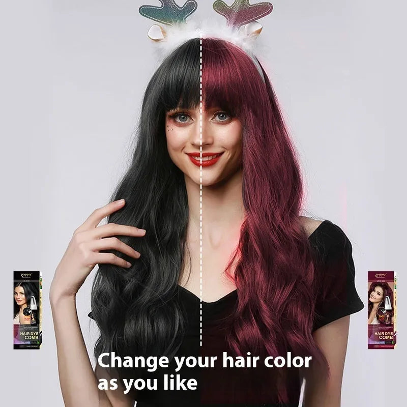 Hair dye kit showing three 200ml tubes in brown, wine red, and dark brown shades with comb applicator