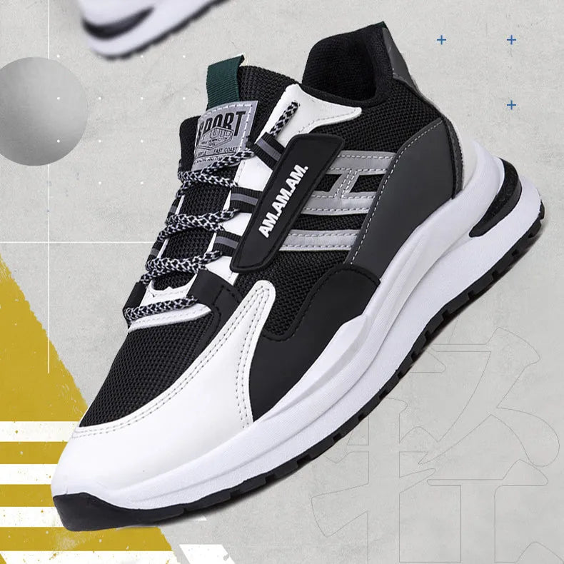 Men's sports sneakers in light grey or black with PU and mesh upper, front tie fastening, plastic sole, sizes 39-44