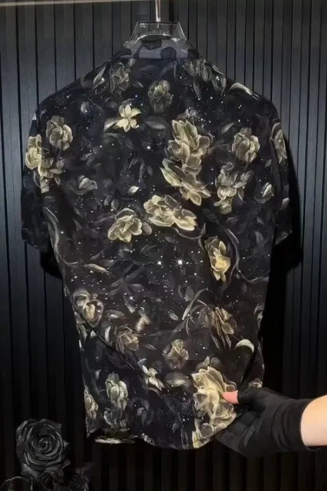 Men's black short sleeve sequin shirt in sizes S to 4XL for summer party and festival wear