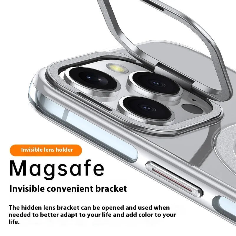 Transparent electroplated iPhone case with metal bracket and airbag corners, in Titanium Black